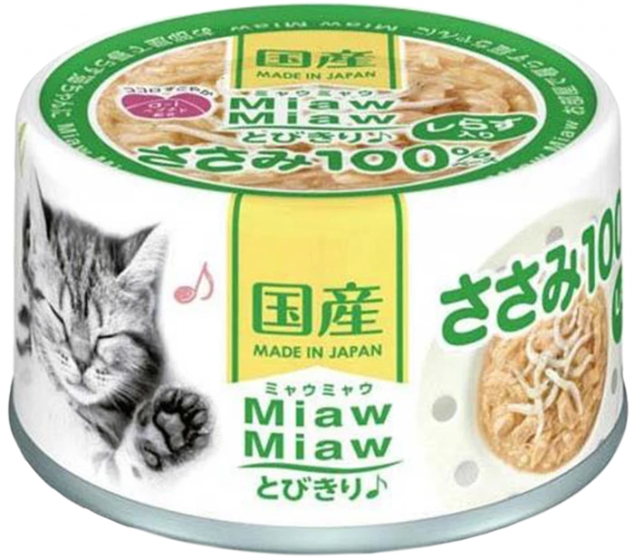 Консервы для кошек AIXIA MiawMiaw Tobikiri, куриное филе и мальки ширасу в нежном желе 45182723