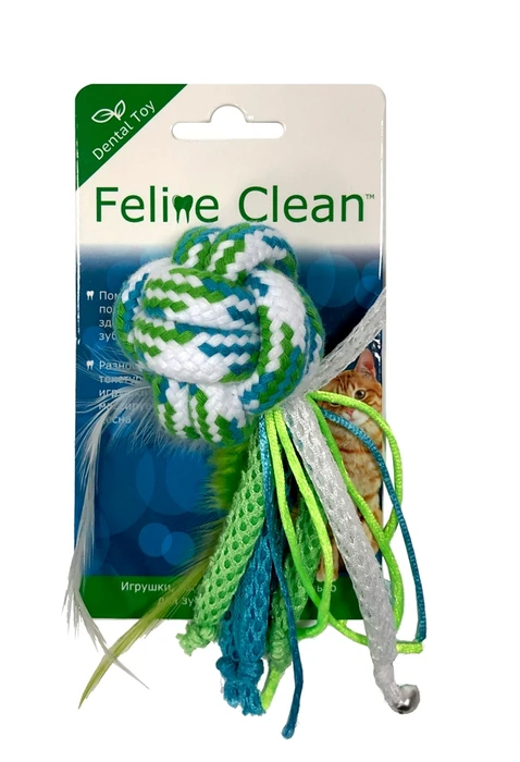 Игрушка для кошек Feline Clean Dental Мячик из каната с лентами и перьями WB23555
