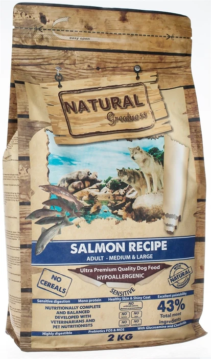 Беззерновой сухой корм Natural Greatness для взрослых собак средних и крупных пород с лососем для чувствительного пищеварения Salmon Recipe Sensitive Adult Medium/Large