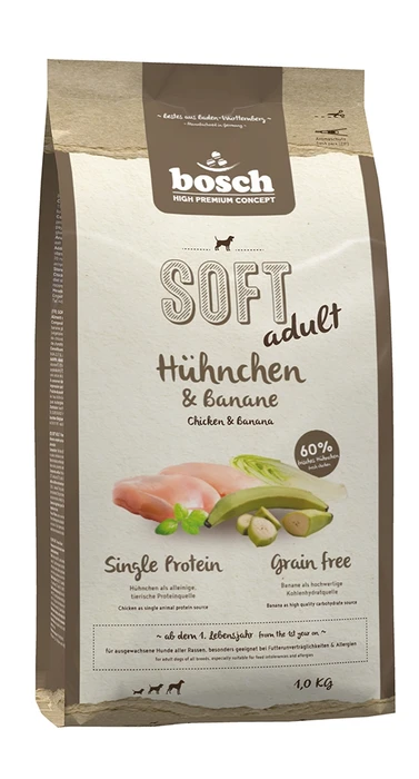 Беззерновой полувлажный корм Bosch Soft Adult для взрослых собак всех пород с курицей и бананами Chicken and Banana