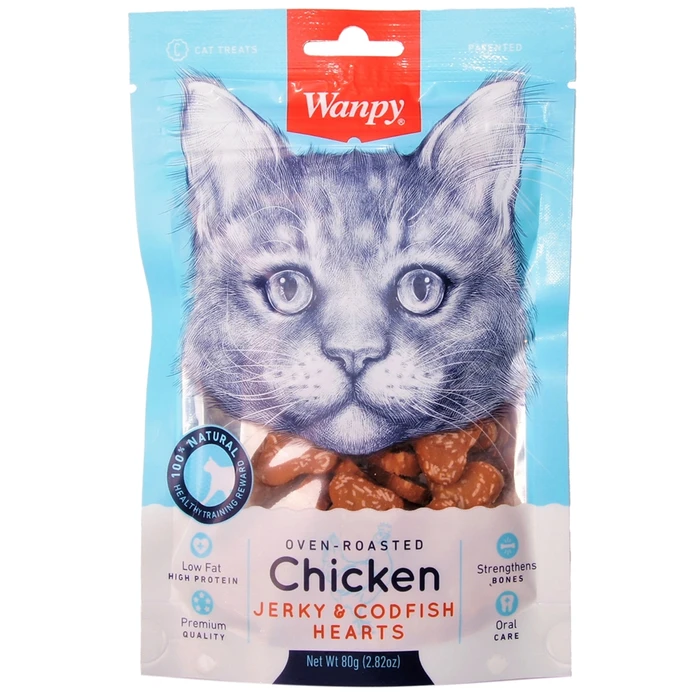 Лакомство для кошек WANPY CAT "сердечки" из курицы с треской Chicken Jerky/Codfish Hearts for Cat