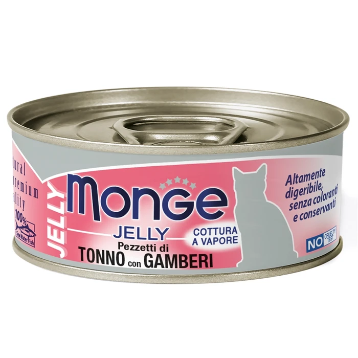 Консервы MONGE для взрослых кошек с желтоперым тунцом и креветками Jelly Adult cat
