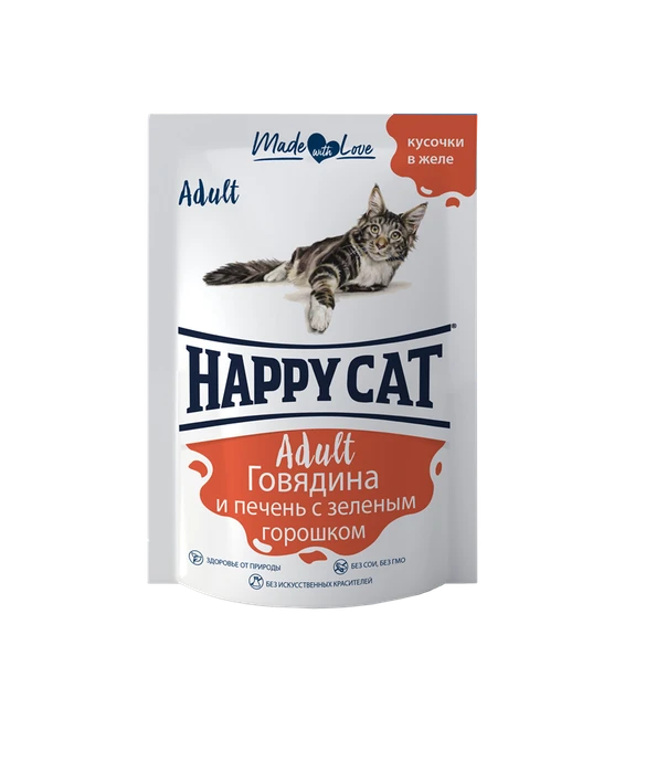 Пауч Happy Cat для взрослых кошек кусочки в желе Говядина и печень с зеленым горошком 7502317