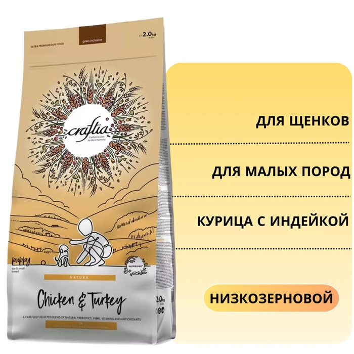 Сухой корм CRAFTIA NATURA для щенков миниатюрных и мелких пород из курицы и индейки (CHICKEN & TURKEY PUPPY TOY & SMALL BREED) CRF5420598