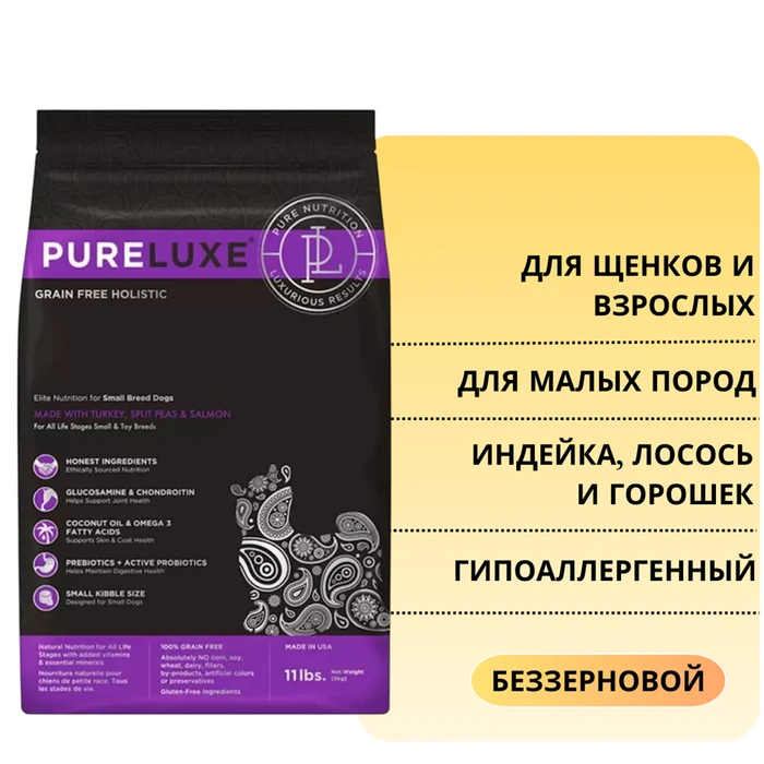 Беззерновой сухой корм PURELUXE с индейкой, лососем и горошком для собак мелких пород 1711