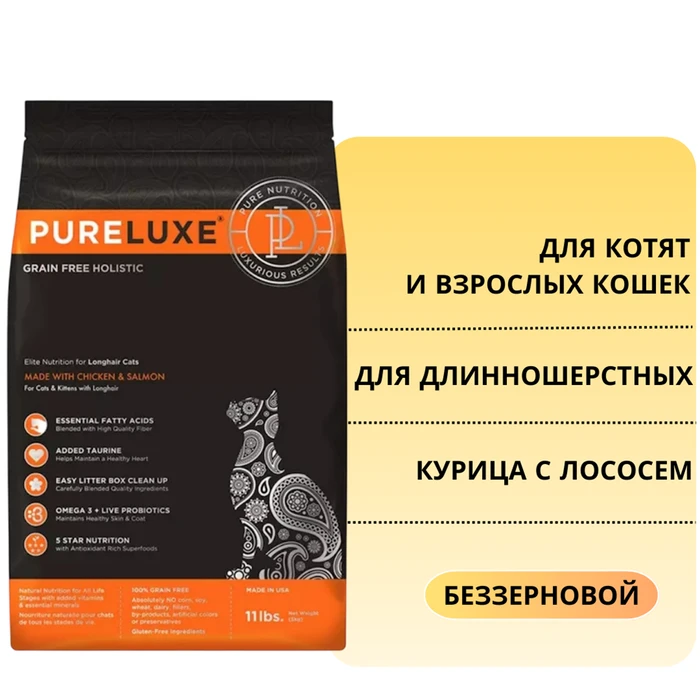 Беззерновой сухой корм PURELUXE для длинношерстных котят и кошек с курицей и лососем 1718