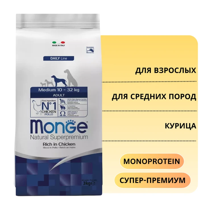 Сухой корм MONGE Daily Line для взрослых собак средних пород с курицей Medium Breed Chicken 70004244