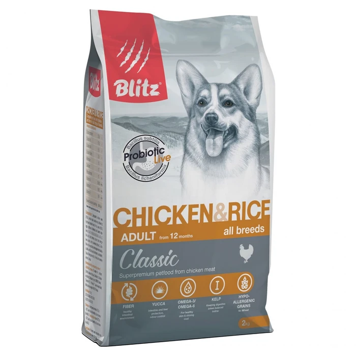 Сухой корм Blitz Classic для взрослых собак всех пород с курицей и рисом Adult Chicken&Rice BDD12-1-02000