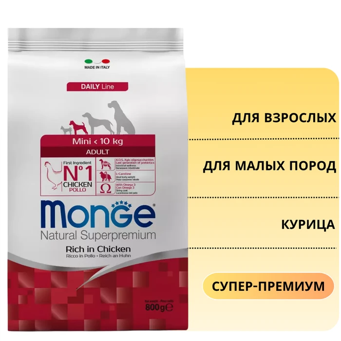 Сухой корм MONGE Daily Line для взрослых собак мелких пород с курицей Mini Adult Chicken 70004091
