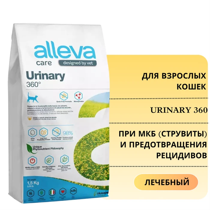 Акция! Скидка 60% Срок до 18.10.2026 1,5 кг Сухой корм ALLEVA CARE для кошек диета при мочекаменной болезни (струвиты) и предотвращения рецидивов CAT ADULT URINARY 360 00-00000750/P10272.срок
