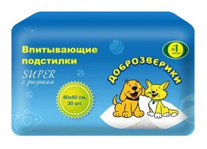 Пеленки для животных Доброзверики 60х60, 30 шт. "Super" с рисунком 304064