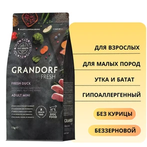 {{photo.Alt || photo.Description || 'Беззерновой сухой корм GRANDORF FRESH с уткой и бататом для взрослых собак малых пород Dog Adult MINI Duck&amp;Sweet Potato'}}