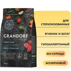 {{photo.Alt || photo.Description || 'Беззерновой cухой корм GRANDORF FRESH для стерилизованных кошек с ягненком и бататом CAT STERILISED Lamb&amp;Sweet Potato'}}
