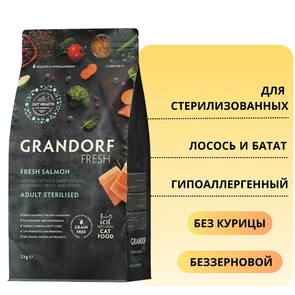 {{photo.Alt || photo.Description || 'Беззерновой cухой корм GRANDORF FRESH для стерилизованных кошек с лососем и бататом CAT STERILISED Salmon&amp;Sweet Potato'}}