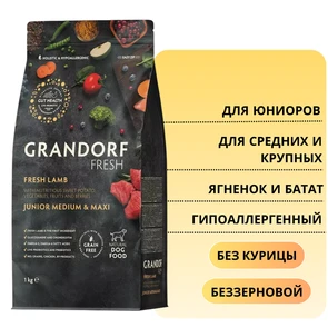 {{photo.Alt || photo.Description || 'Беззерновой сухой корм GRANDORF FRESH с ягненком и бататом для юниоров средних и крупных пород Junior MED&amp;MAXI Lamb&amp;Sweet Potato'}}