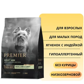 {{photo.Alt || photo.Description || 'Низкозерновой сухой корм PREMIER для взрослых собак малых пород с ягненком, индейкой Adult Lamb Turkey Mini'}}