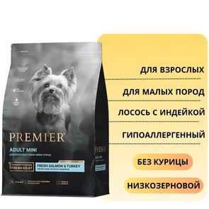 {{photo.Alt || photo.Description || 'Низкозерновой сухой корм PREMIER для взрослых собак малых пород с лососем, индейкой Adult Salmon Turkey Mini'}}