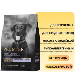 {{photo.Alt || photo.Description || 'Низкозерновой сухой корм PREMIER для взрослых собак средних пород с лососем, индейкой Adult Salmon Turkey Medium'}}