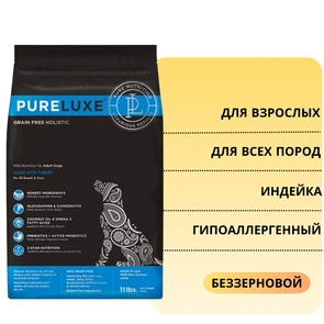 {{photo.Alt || photo.Description || 'Беззерновой сухой корм PURELUXE с индейкой для взрослых собак'}}