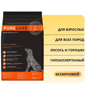 {{photo.Alt || photo.Description || 'Беззерновой сухой корм PURELUXE с лососем и горошком для взрослых собак'}}