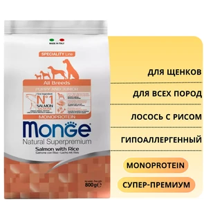 {{photo.Alt || photo.Description || 'Сухой корм MONGE Monoprotein для щенков всех пород с лососем и рисом Puppy/Junior All Breed Salmon/Rice'}}