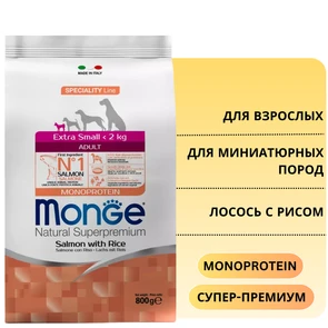 {{photo.Alt || photo.Description || 'Сухой корм MONGE Monoprotein для взрослых собак миниатюрных пород с лососем и рисом Extra Small Adult Dog Salmon'}}