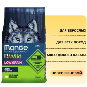 {{photo.Alt || photo.Description || 'Низкозерновой сухой корм MONGE Bwild для взрослых собак всех пород с мясом дикого кабана Dog Boar Low Grain'}}