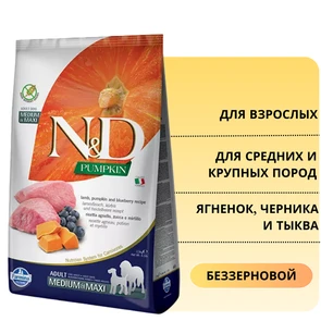 {{photo.Alt || photo.Description || 'Беззерновой cухой корм FARMINA ND PUMPKIN для взрослых собак средних и крупных пород с ягненком с черникой и тыквой'}}