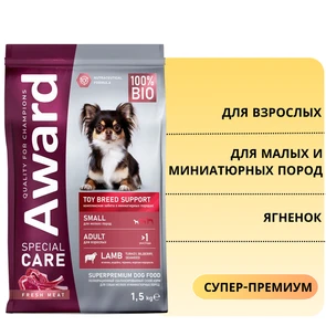 {{photo.Alt || photo.Description || 'Сухой корм AWARD SPECIAL CARE для взрослых собак мелких и миниатюрных пород со свежим мясом ягненка Toy Breed Support'}}