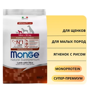 {{photo.Alt || photo.Description || 'Сухой корм MONGE Monoprotein для щенков мелких пород с ягненком и рисом Mini Puppy Lamb'}}